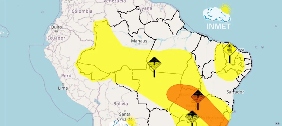 Inmet emite alertas de chuva forte para 17 estados e Distrito Federal até terça-feira - Imagem do artigo