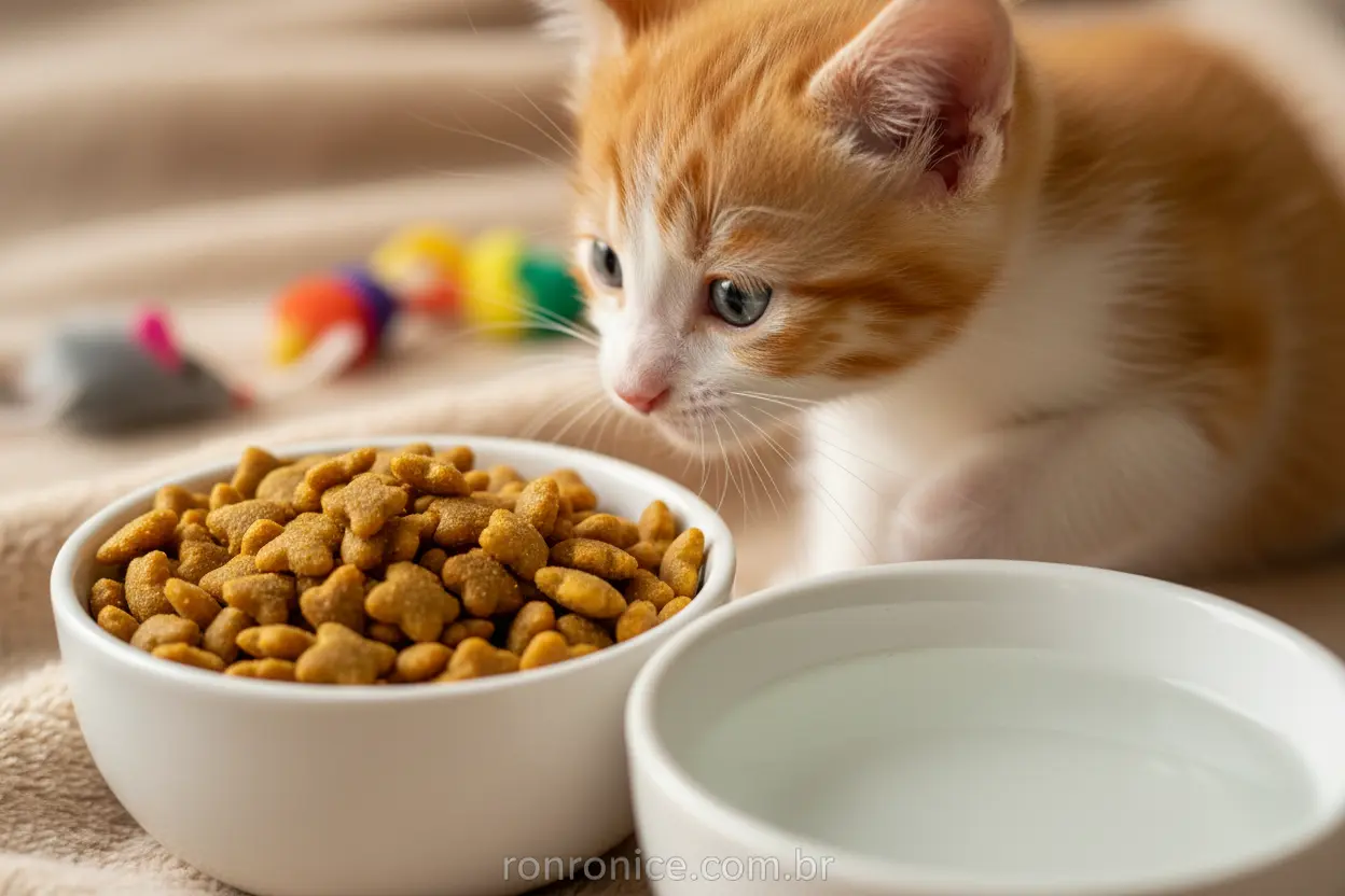 Alimentação de Gato Filhote Gato filhote comendo ração e bebendo água