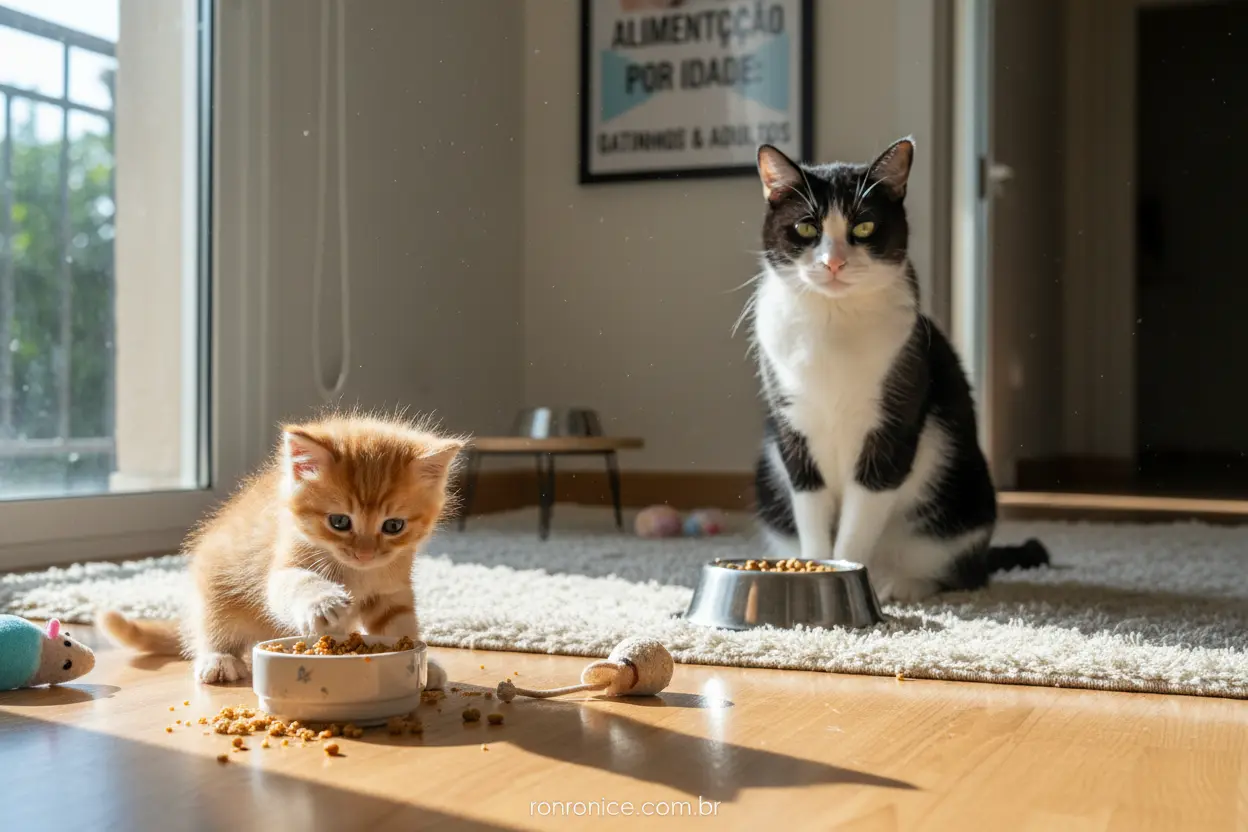 Alimentação de Gatos por Idade Filhote e gato adulto em cena que representa a alimentação de gatos por idade.