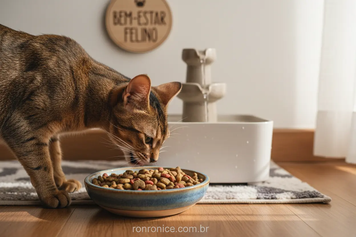 Gato comendo ração em tigela e fonte de água