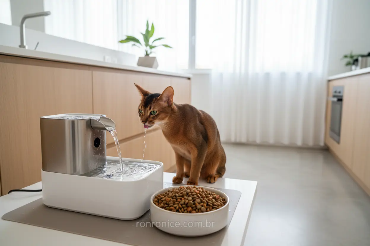 Gato bebendo água de fonte e comendo ração em apartamento