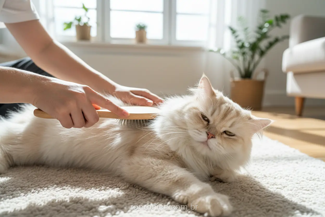 Escovando o Gato Persa Pessoa escovando a pelagem longa e sedosa de um gato persa creme.