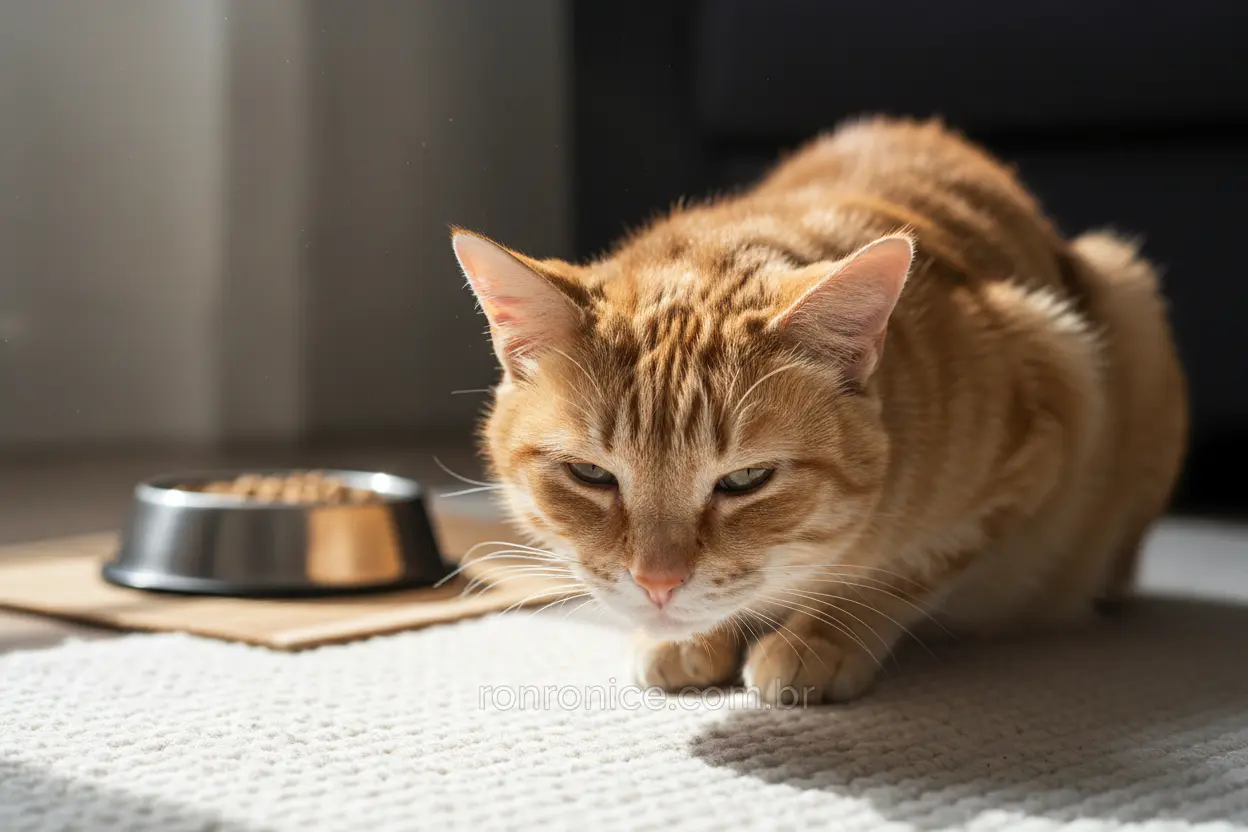 Gato com Desconforto Digestivo Gato com postura de desconforto perto de potes de comida e água.