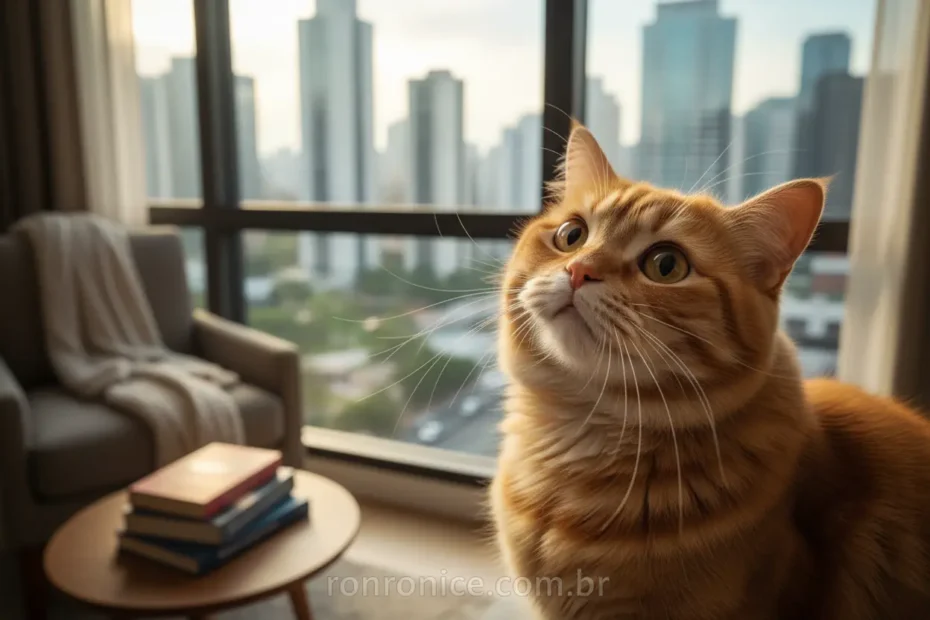 Gato ruivo olhando pela janela do apartamento