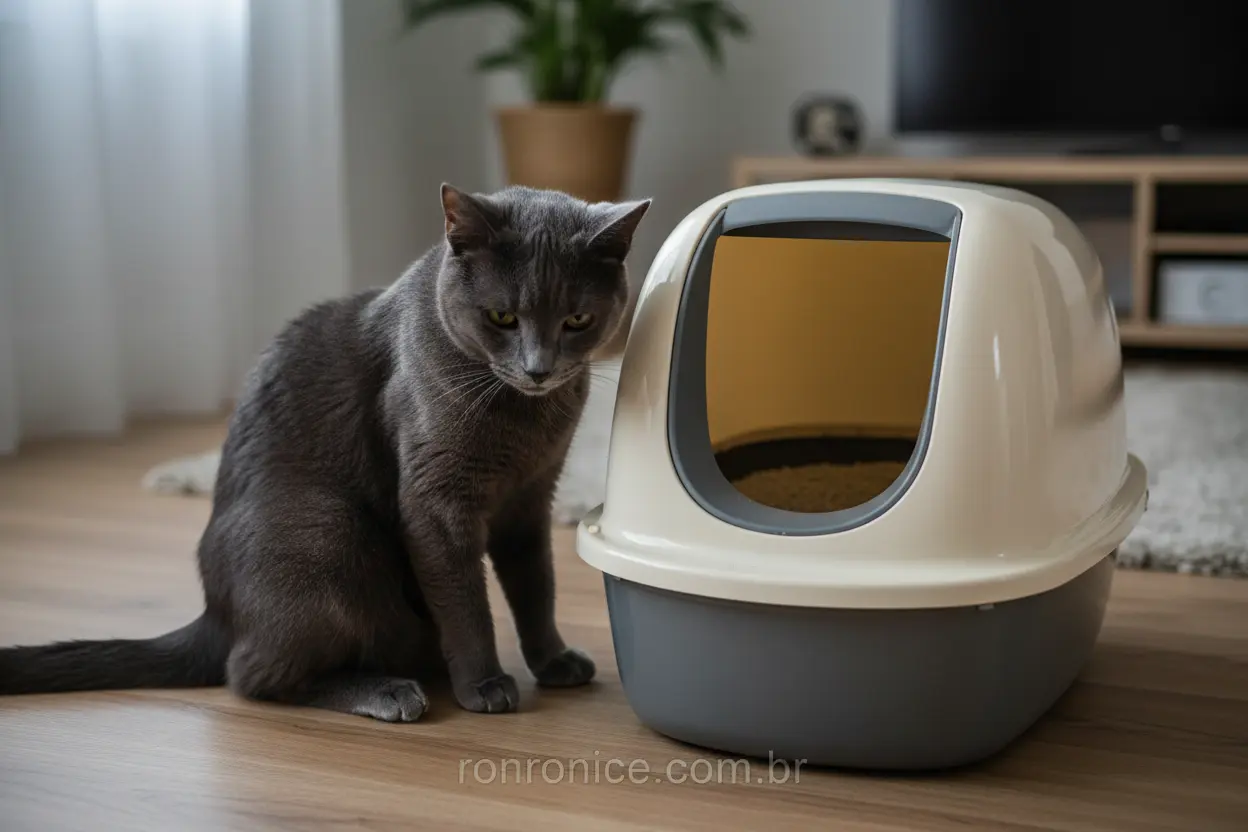 Gato e Problemas Urinários Gato sentado perto de uma caixa de areia limpa, observando sua postura.