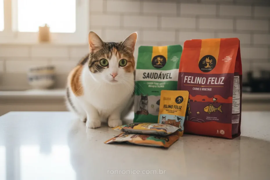 Gato doméstico saudável olhando para embalagens de ração.