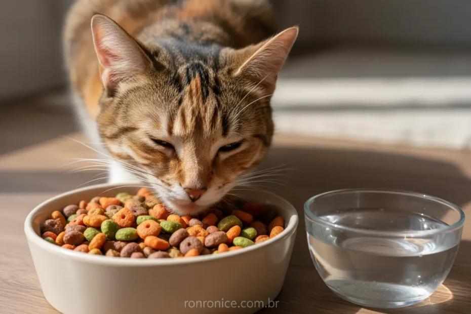 Gato doméstico feliz comendo ração premium em tigela, refletindo saúde e bem-estar.