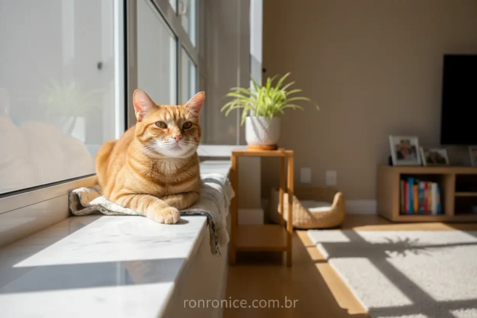Gato em apartamento na janela, relaxado e feliz.