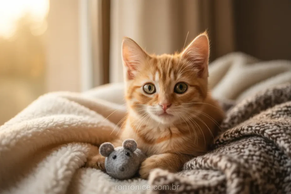 Gato filhote ruivo fofo em um cobertor macio