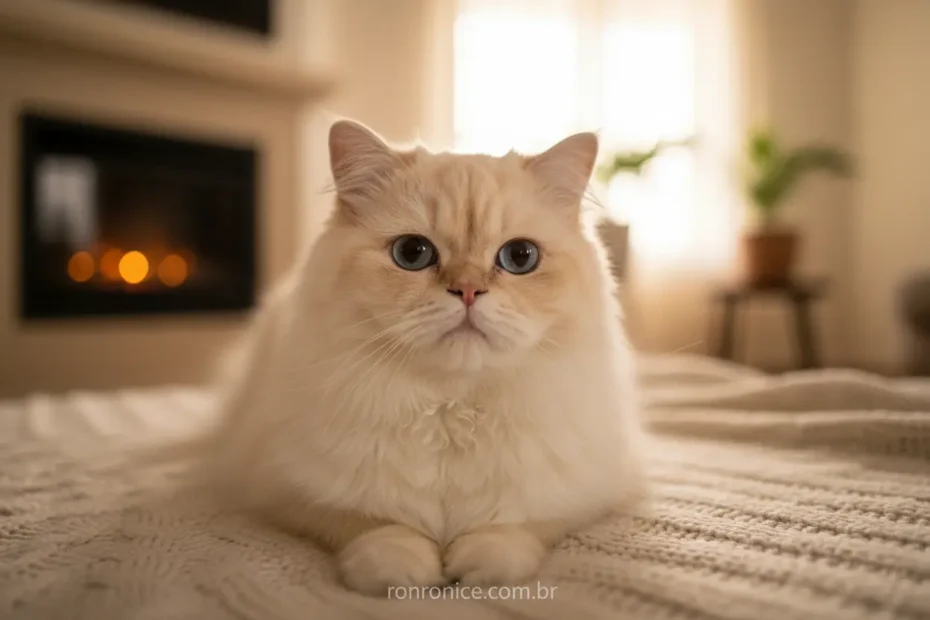 Gato persa com olhos azuis intensos e pelagem longa, sentado em cobertor macio.