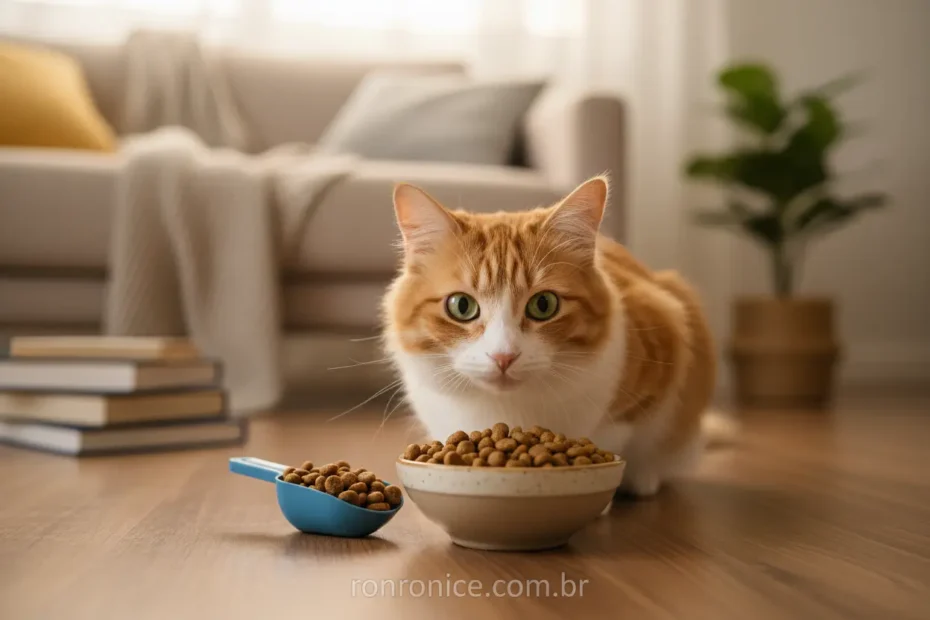 Gato fofo comendo ração em tigela, com foco na alimentação saudável.