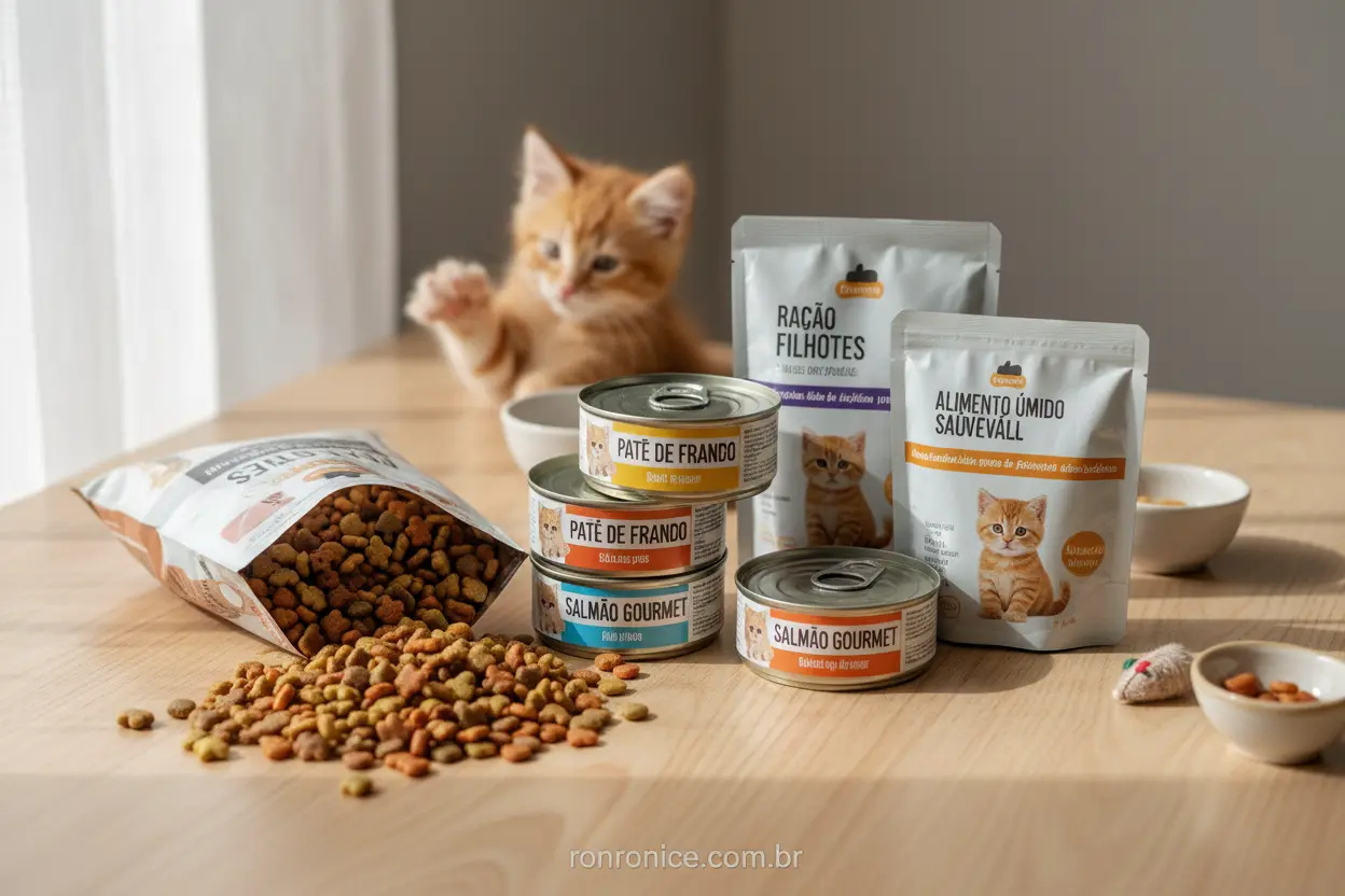 Melhores Rações para Gato Filhote Variedade de rações secas e úmidas para filhotes, mostrando o que oferecer.