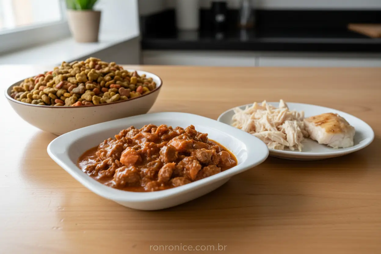 Opções de Ração para Gatos Variedade de ração para gatos: seca, úmida e natural, em tigelas separadas.