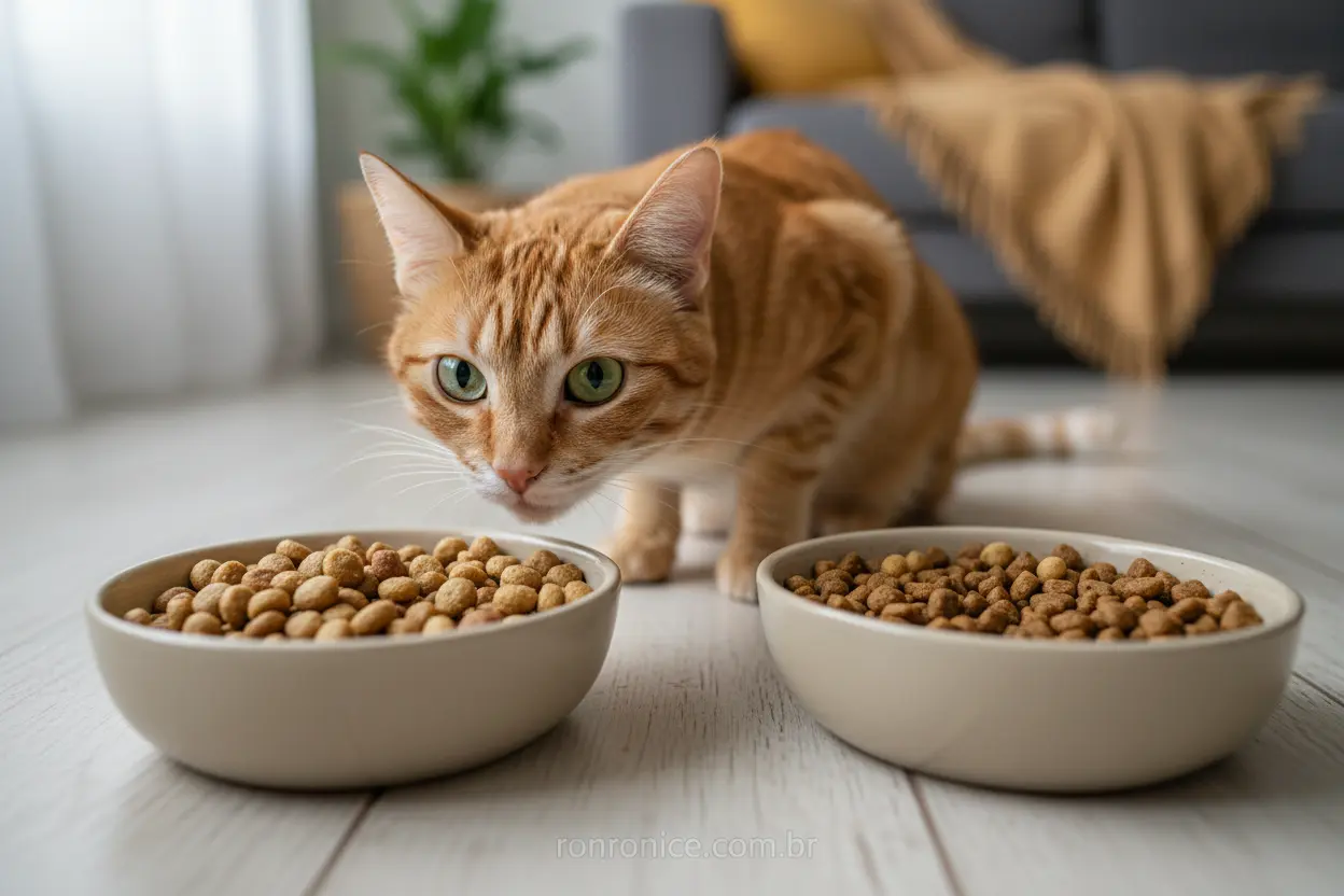 Transição Segura de Dieta Felina Mistura gradual de ração antiga e nova em tigelas para uma alimentação saudável para gatos.