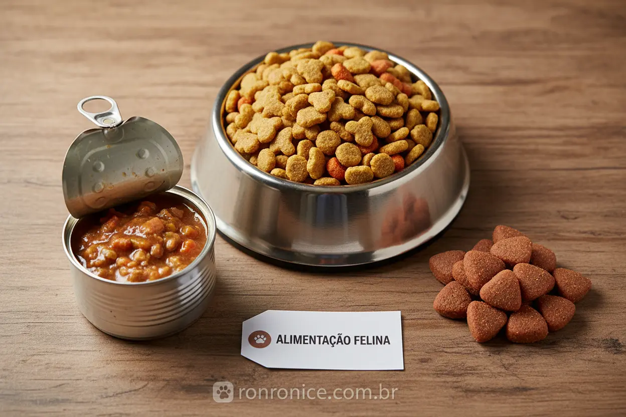 Variedade de Ração para Gatos Tipos de ração para gatos: seca, úmida e petiscos.