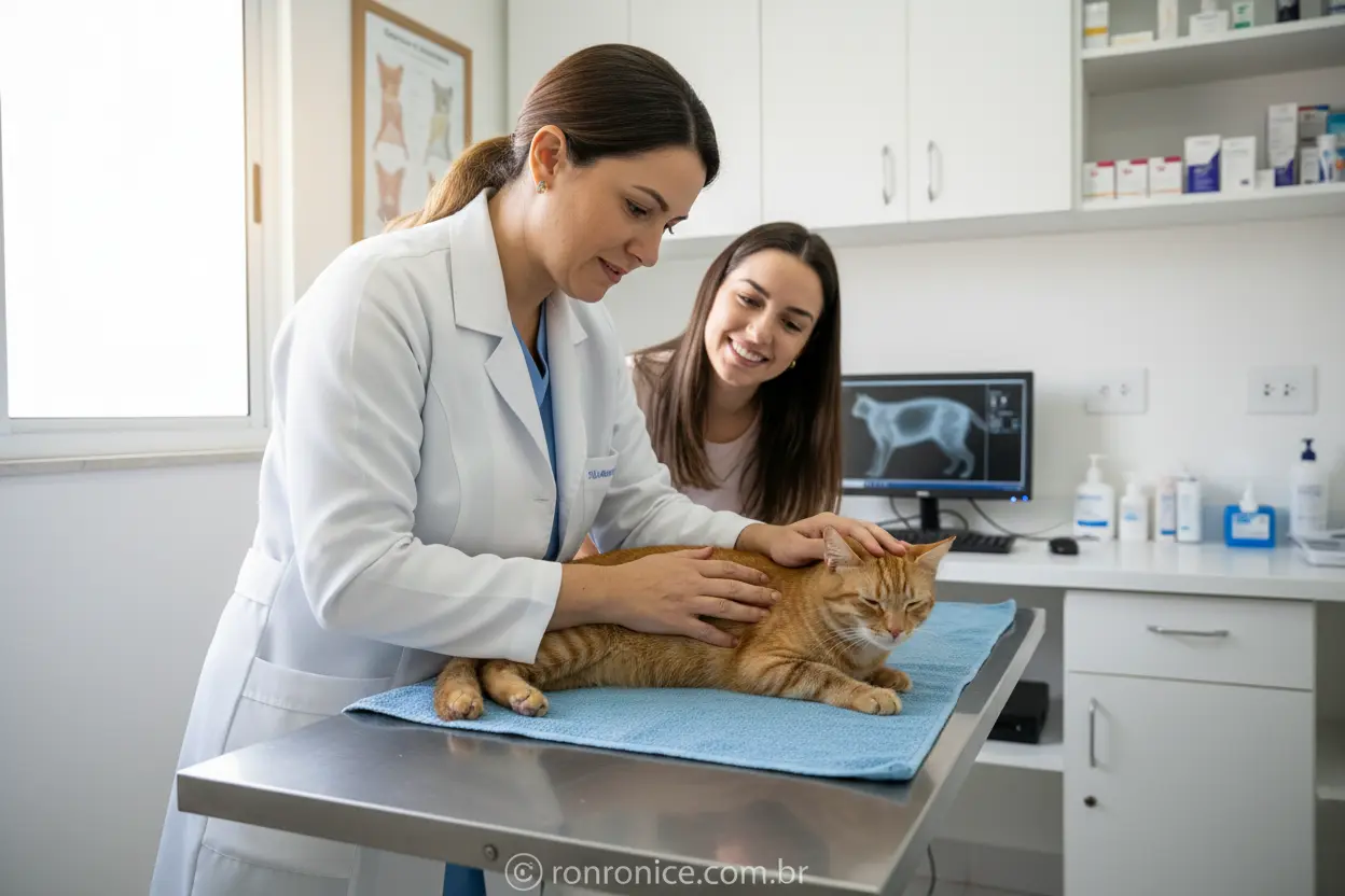 Veterinário examinando gato, saúde felina