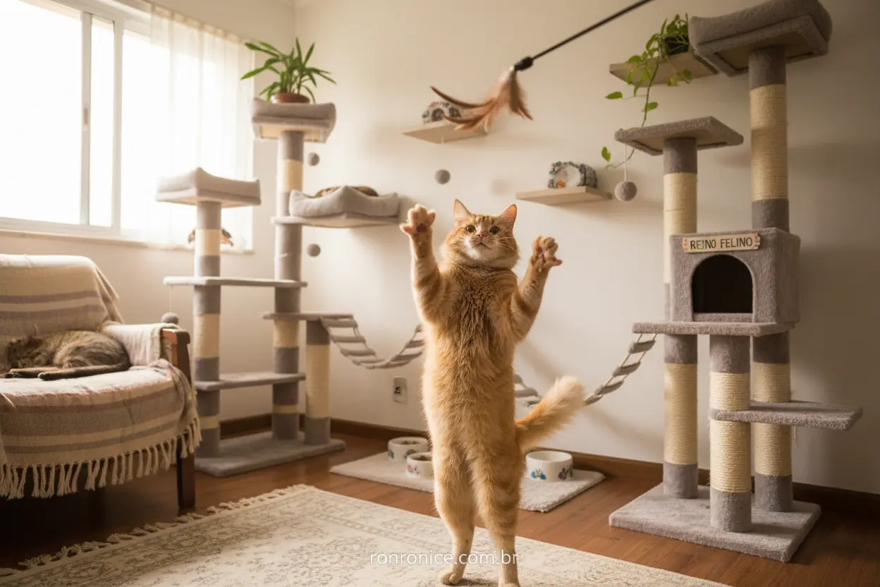 Gato brincando em ambiente enriquecido para reduzir estresse