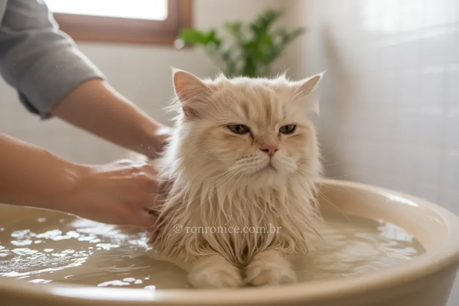 Gato sendo banhado calmamente por mãos humanas, com expressão serena.
