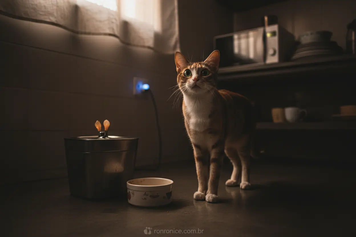 Gato com Fome à Noite Gato faminto à noite perto do pote de ração.
