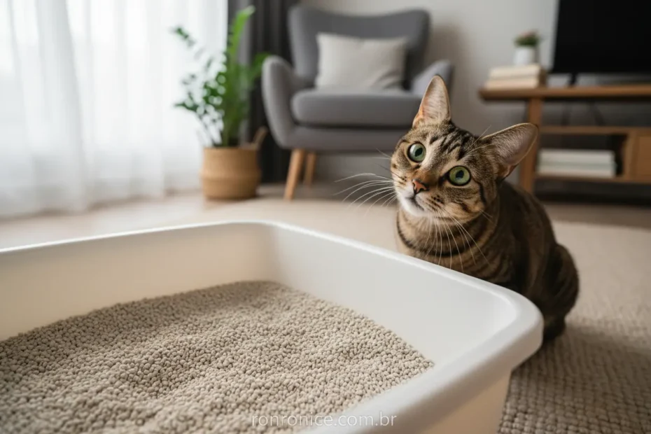 Gato olhando para caixa de areia limpa
