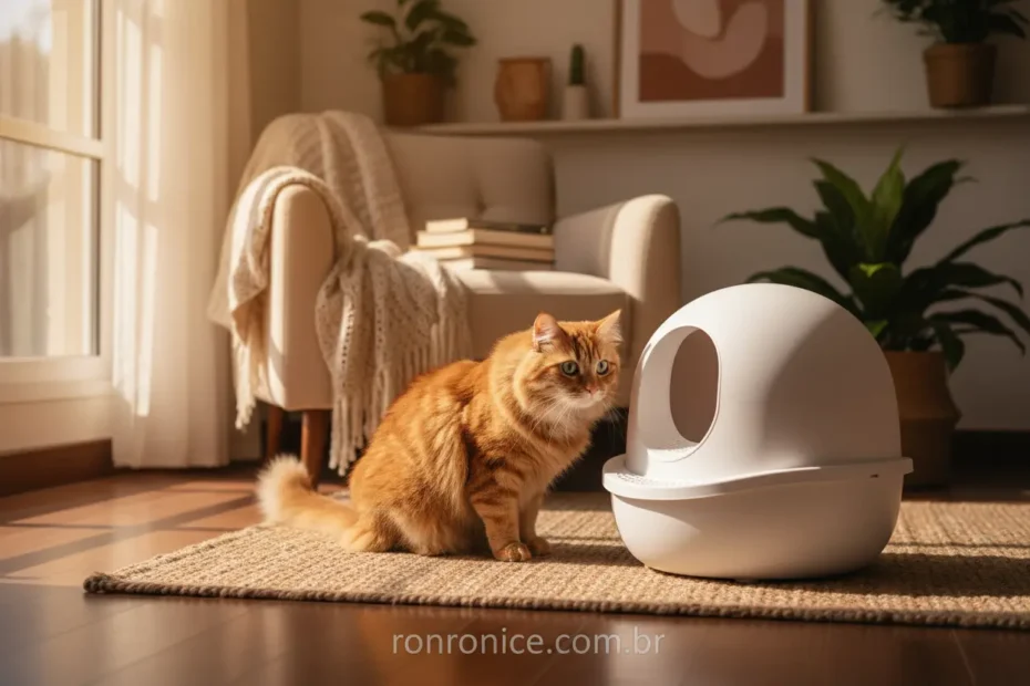 Gato ruivo observando uma caixa de areia limpa em casa.