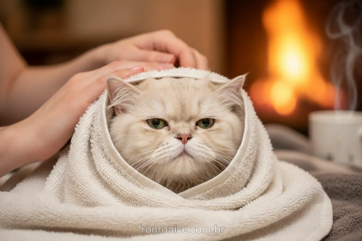 Como Dar Banho em Gato Sem Estresse: Gato sendo secado e enrolado em uma toalha após o banho.