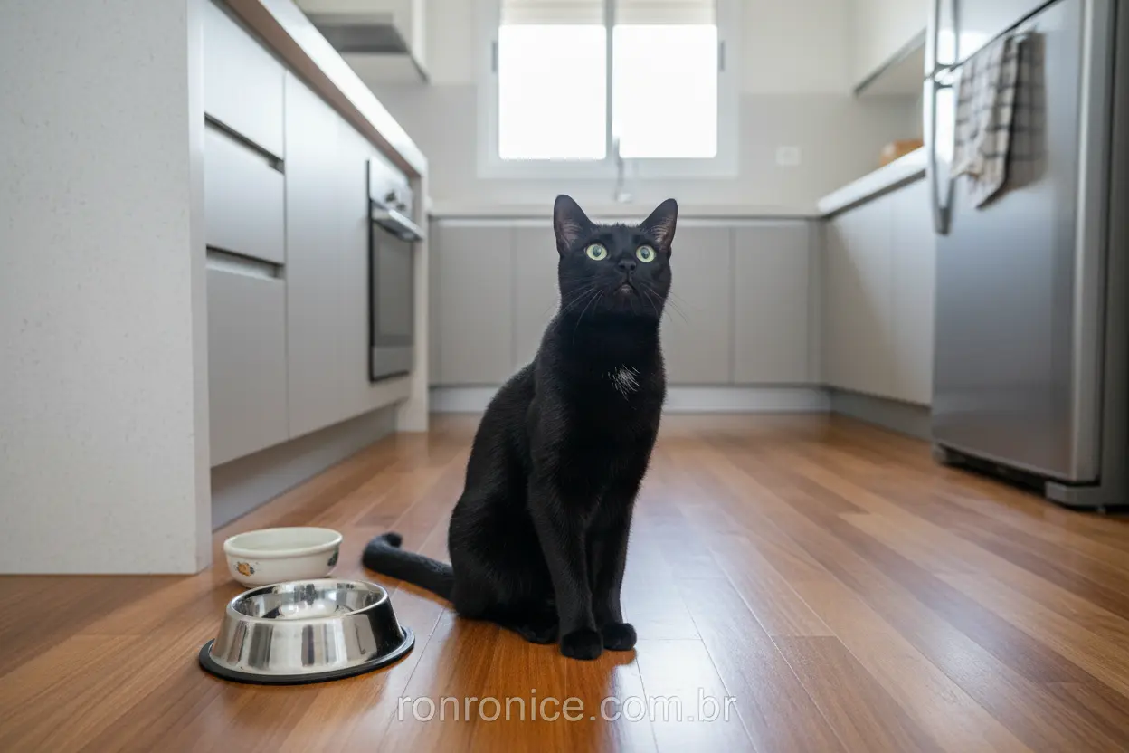 Gato preto miando por comida