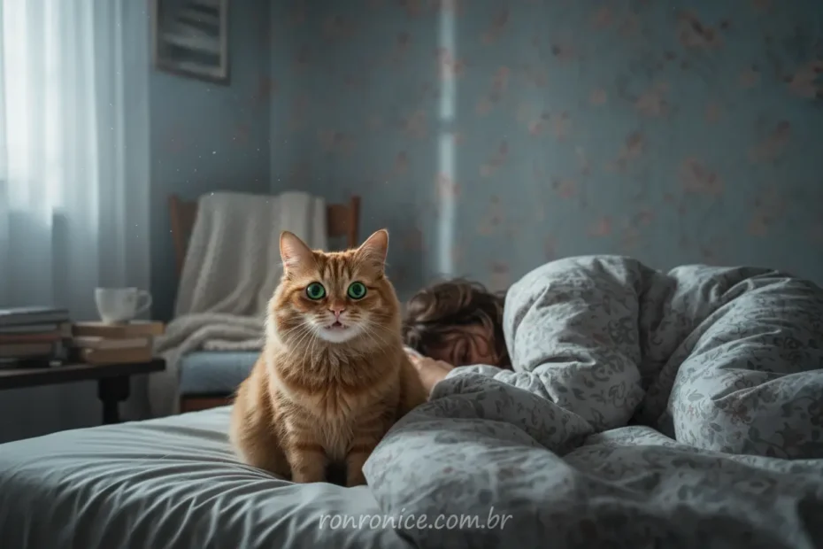 Gato miando à noite no quarto.