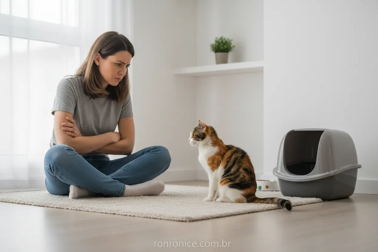 Gato com postura de estresse perto da caixa de areia, sendo observado pela dona.