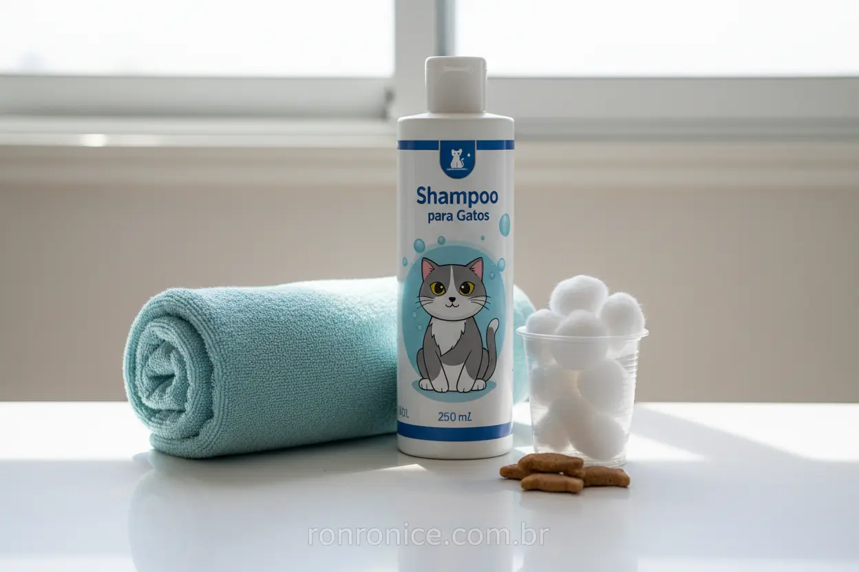 Materiais essenciais para dar banho em gato, incluindo shampoo e toalha.