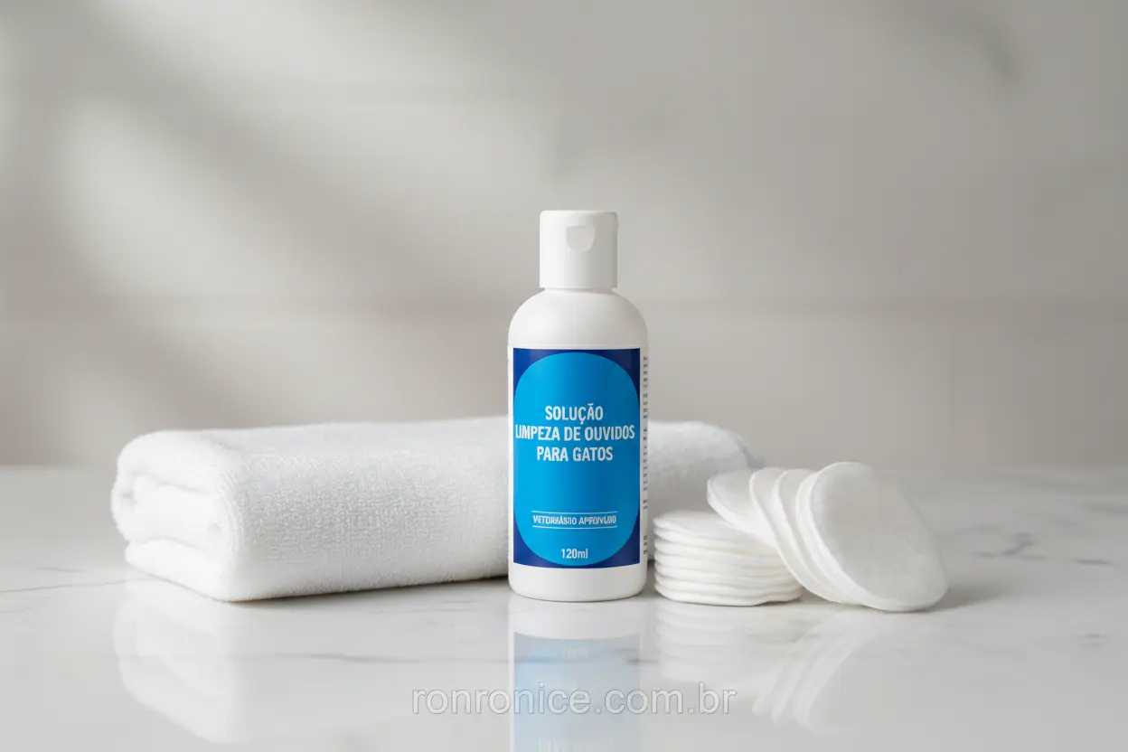 Materiais para limpar ouvido de gato Solução de limpeza e algodão para ouvido de gato