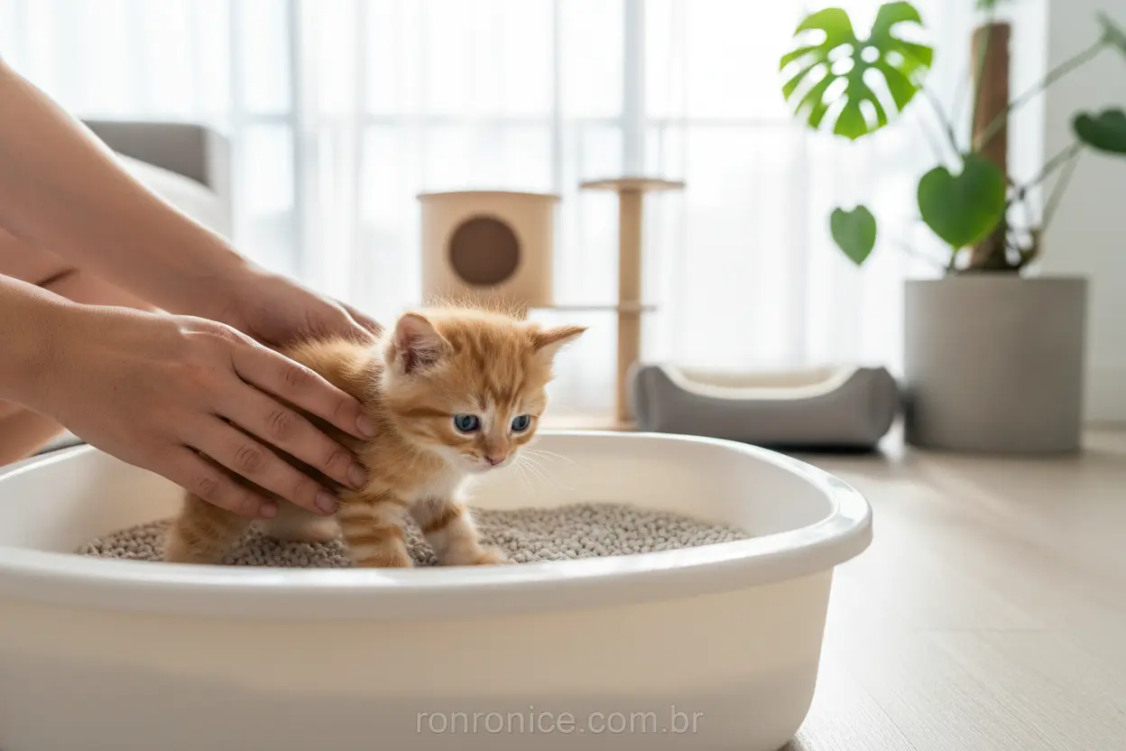 Pessoa guiando um gatinho para a caixa de areia, como acostumar gato na caixa de areia.