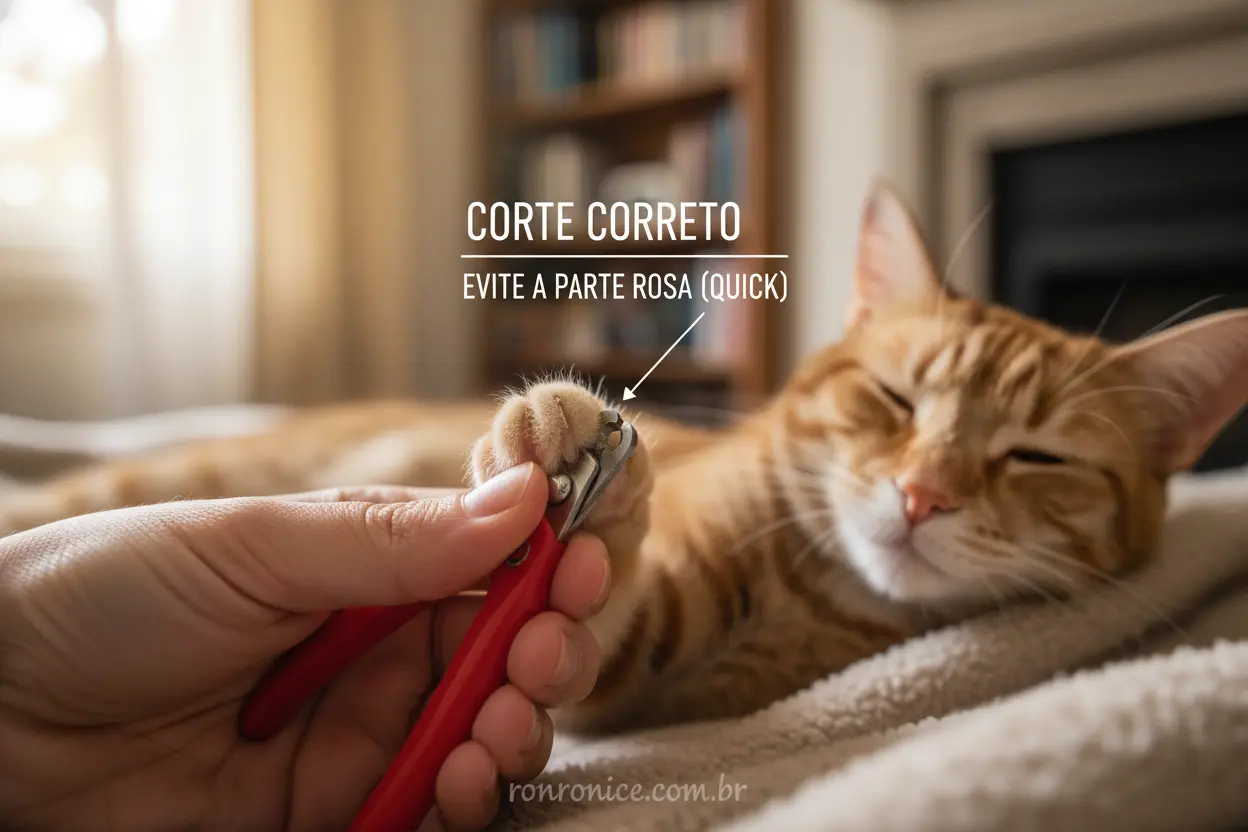 Como cortar as unhas do gato corretamente, mostrando a ponta da unha