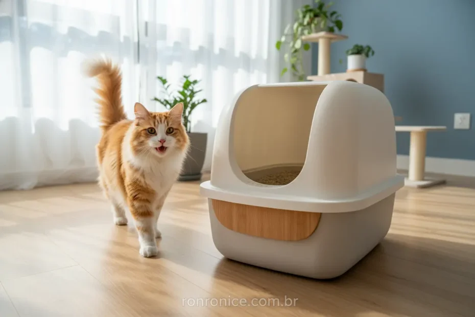 Gato feliz saindo de uma caixa de areia impecável