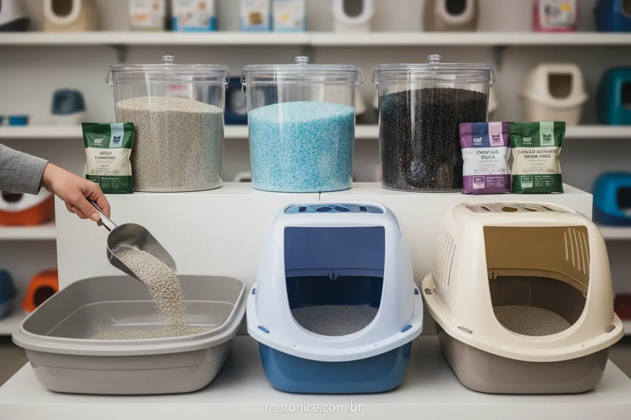 Diferentes tipos de areia e caixas para gatos