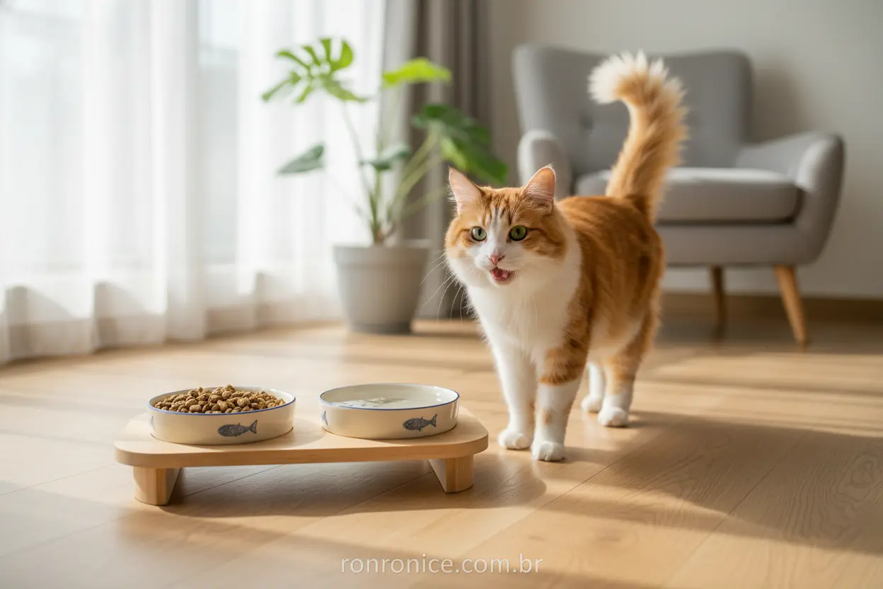 Gato se alimentando em um ambiente limpo e tranquilo.
