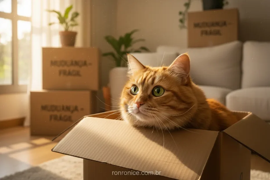 Gato ruivo feliz em caixa de mudança
