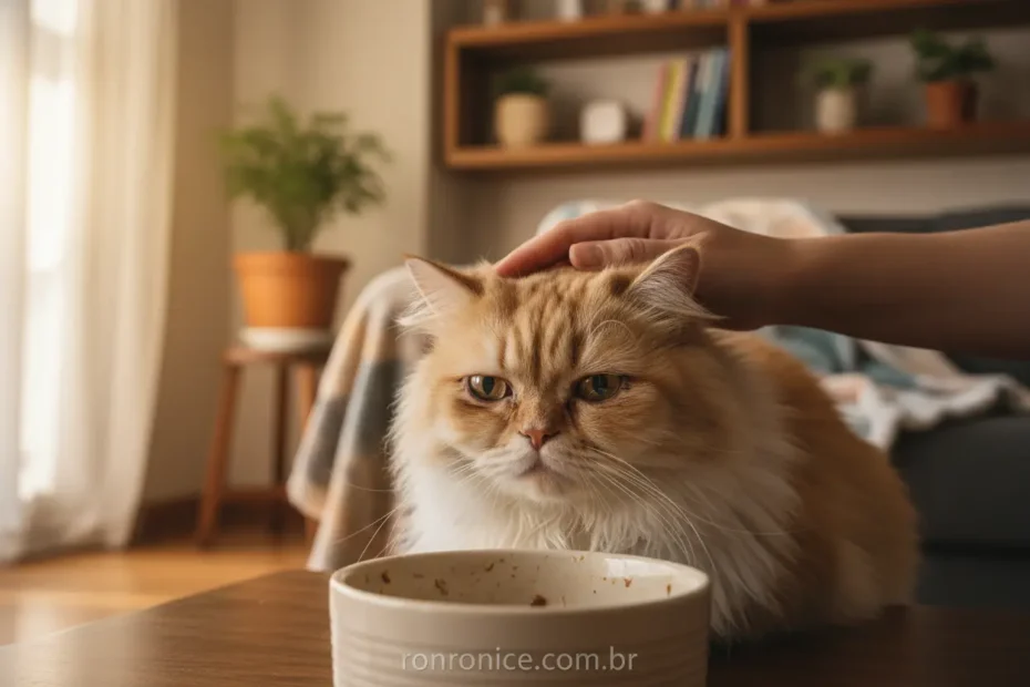 Gato com falta de apetite olhando para a tigela de comida.