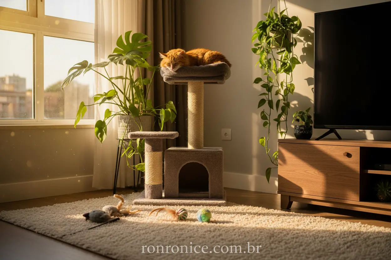 Gato dormindo em um arranhador em um ambiente enriquecido