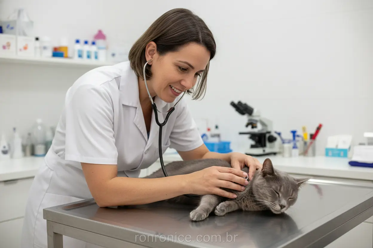 Gato adulto cinza sendo examinado por veterinária, para saúde preventiva