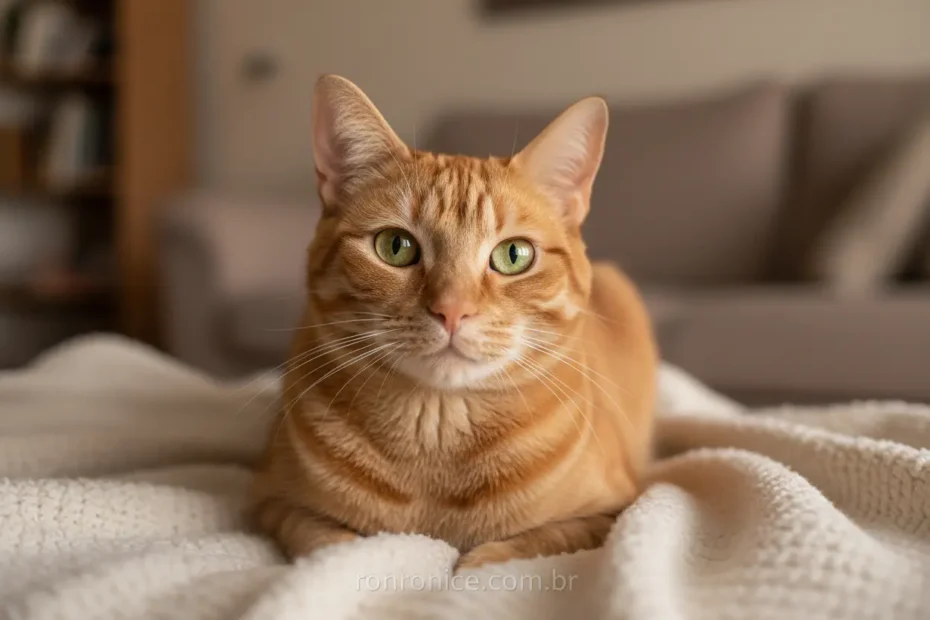 Gato adulto laranja tabby com olhos verdes, saudável e feliz